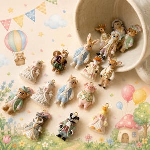 May include: A collection of small, three-dimensional animal charms featuring various creatures dressed in historical-style clothing. The charms include a rabbit, fox, pig, owl, badger, duck, and bear, each with a small gold-tone loop at the top.