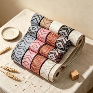 May include: A collection of fabric ribbon rolls featuring a repeating geometric diamond and chevron pattern in various colors including light blue, pink, brown, cream, and dark gray, arranged in a stacked formation on a textured fabric surface.