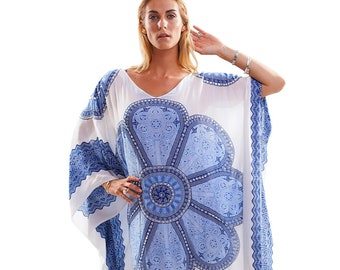 CELTIC WHITE Blue Maxi Dress, Floral Kaftan Dress, Summer Boho Dress, Free Size Dress, Beach Cover Up, Plus Size Ladies, Maternity