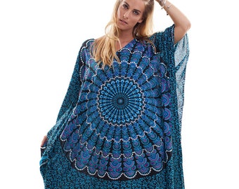 MANDALA BLUE Raspberry Maxi Dress, One Size Fits All, Kaftan Summer Dress, Boho Mandala Dress, Free Size Dress, Beach Cover Up