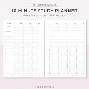 May include: A two-page A5 printable 10 Minute Study Planner PDF. The layout features sections for weekly goals, to-do lists, and a grid for daily scheduling with 10-minute increments, focus tracking, and review areas for Monday through Sunday.