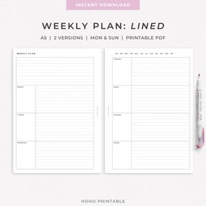 Könnte beinhalten: Eine druckbare A5-Wochenplaner-Vorlage mit zwei Versionen und linierten Abschnitten für jeden Wochentag. Der Text lautet WEEKLY PLAN: LINED, A5, 2 VERSIONS, MON & SUN, PRINTABLE PDF, HOHO PRINTABLE und listet die Monate des Jahres auf.