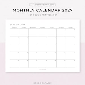 A5 2027 Dated Monthly Planner Printable Insert, 12 months, Calendar, Mon&Sun(PDF Download)