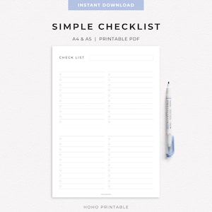 Könnte beinhalten: Ein weißes, druckbares Checklisten-Dokument mit dem Text SIMPLE CHECKLIST, A4 & A5 | PRINTABLE PDF und CHECK LIST. Die Seite enthält zwei Spalten mit horizontalen Linien und kleinen runden Kästchen zum Ankreuzen. Ein blau-weißer Stift liegt rechts daneben.