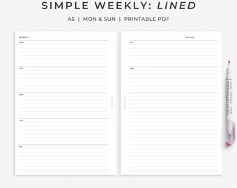May include: A printable A5 weekly planner page with lined sections for Monday through Friday on the left and Saturday and Sunday on the right. The text reads SIMPLE WEEKLY: LINED, A5 | MON & SUN | PRINTABLE PDF, WEEKLY, MON, TUE, WED, THU, FRI, SAT, SUN, THIS WEEK, and HOHO PRINTABLE.