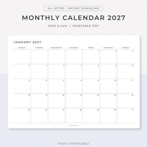 Planificador mensual imprimible con fechas para 2027, plantilla de calendario, 12 meses, lunes y domingo (A4, tamaño carta estadounidense/descarga en PDF)