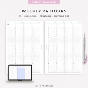 A5 Printable Weekly Planner Insert, Vertical Weekly 24 hours, Grid layout, Hobonichi Cousin style, Minimalist / editable pdf