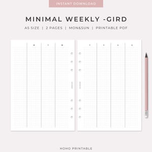 Può includere: Un modello di agenda settimanale stampabile in formato A5 con layout a griglia su due pagine. Il testo recita MINIMAL WEEKLY -GIRD, A5 SIZE, 2 PAGES, MON&SUN, PRINTABLE PDF e HOHO PRINTABLE. Una matita rosa è posizionata a destra.