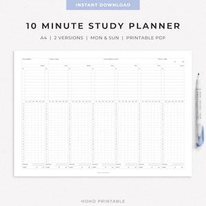 May include: A white A4 printable 10 minute study planner PDF with black grid lines, columns for days of the week, hourly time slots, and focus tracking sections. The document includes headers for goals and total time, accompanied by a blue marker pen.