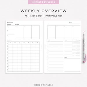 May include: A white A5 weekly planner printable PDF with black text. The left page features a weekly plan and hourly schedule. The right page includes a to-do list, habit tracker, and notes section. A pink marker pen is placed on the right side.
