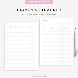 May include: Two A5 printable PDF progress tracker sheets with black lines on a white background. The headers include Progress, Area, Start, Due, and Steps. The layout features a grid for tasks numbered one through six. A marker is placed on the right.