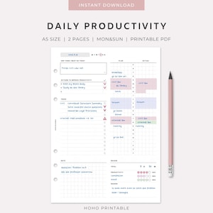 May include: A white A5 daily productivity planner page with a grid layout, featuring sections for tasks, a schedule, and notes. The page includes handwritten text in blue ink, colored blocks for time tracking, and a pink pencil positioned to the right side.