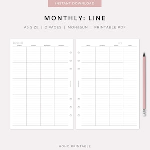 Può includere: Un pianificatore mensile in PDF stampabile formato A5 su due pagine con linee nere su carta bianca. Il layout presenta colonne da lunedì a domenica, una sezione memo e fori per rilegatura. Testo: MONTHLY: LINE, A5 SIZE, 2 PAGES, MON&SUN, PRINTABLE PDF, HOHO PRINTABLE.