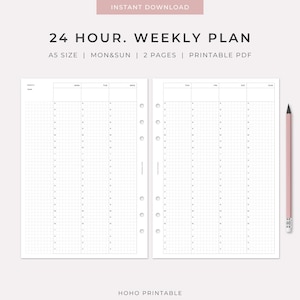 Pode incluir: Um modelo de planejador semanal imprimível em tamanho A5 de duas páginas com uma grade de horário de 24 horas. O layout apresenta colunas de segunda a domingo, marcadas com intervalos de hora de 0 a 23. Um lápis rosa está posicionado à direita das páginas.
