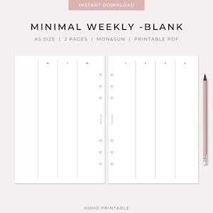 May include: A printable A5 size weekly planner layout featuring two blank pages with vertical columns for days of the week, labeled M, T, W, T, F, S, S. The design includes six binder ring holes on the inner edges and a pink pencil on the right side.