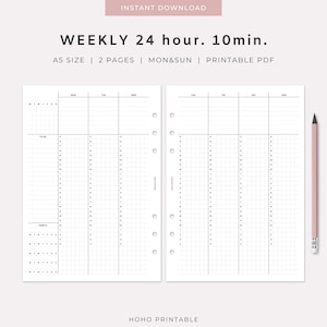 May include: A printable A5 weekly planner layout featuring two pages with a 24-hour schedule in 10-minute increments, including sections for to-do lists and habits. The text reads WEEKLY 24 hour. 10min. A5 SIZE | 2 PAGES | MON&SUN | PRINTABLE PDF.