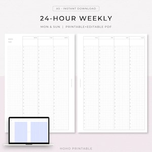 Wkładka do planera tygodniowego A5 w układzie pionowym, układ siatki 24-godzinnej, styl Hobonichi, minimalistyczny (do druku, edytowalny plik PDF)