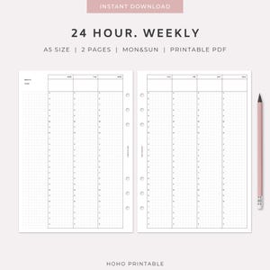 May include: A two-page A5 weekly planner printable PDF with a 24-hour grid layout. The pages feature columns for Monday through Sunday, labeled with days of the week, and a grid background. A pink pencil is positioned to the right of the pages.