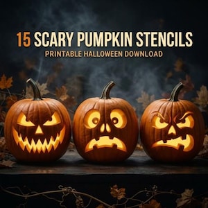 May include: Three orange pumpkins with carved faces illuminated from within, featuring jagged, surprised, and angry expressions. The text reads 15 SCARY PUMPKIN STENCILS PRINTABLE HALLOWEEN DOWNLOAD against a dark, smoky background with autumn leaves.