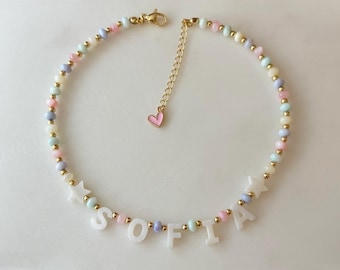 Mother of Pearl Beaded Name Necklace For Kids, Necklace For Toddlers, Little Girl Birthday Gift, Jewelry Gift For Girls, Daughter Gift