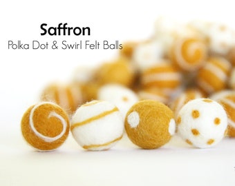 Saffron Polka Dots & Swirls // Felt Ball Swirls // Swirl Felt Balls // Polka Dot Felt Balls