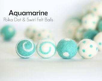 Polka Dot Filz Pompons // Swirl Filz Pom Poms // Woll Filz Pom Poms // Aquamarine Polka Dots & Swirl Filz Pom Poms