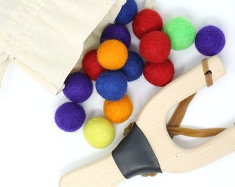 Slingshot Kit //  Wooden Slingshot // Felt Ball Ammo