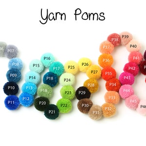 Pu&ograve; includere: Una cartella colori di 55 pompon di lana disposti in cerchio. I pompon sono di vari colori, tra cui nero, bianco, blu, verde, giallo, arancione, rosso, rosa, viola e grigio. I pompon sono etichettati con numeri da P01 a P55.
