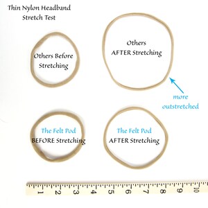 May include: A comparison of the stretchiness of two different hair elastics. The first elastic is labeled "The Felt Pod" and is shown before and after being stretched. The second elastic is labeled "Others" and is shown after being stretched. A ruler is included for reference.