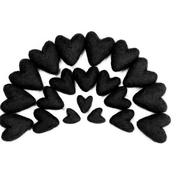 Felt Hearts -  3 to 4 cm - 10 count - Color BLACK - Wool Felt Hearts