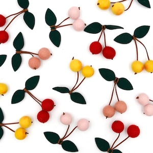 May include: Felt cherries, lemons, and limes with green felt leaves. The felt fruit is in various shades of pink, red, yellow, and green.