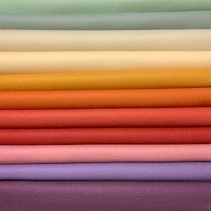 Puede incluir: Una pila de diez muestras de tela de fieltro en varios tonos de azul, verde, amarillo, naranja, rojo, rosa, morado y marr&oacute;n.