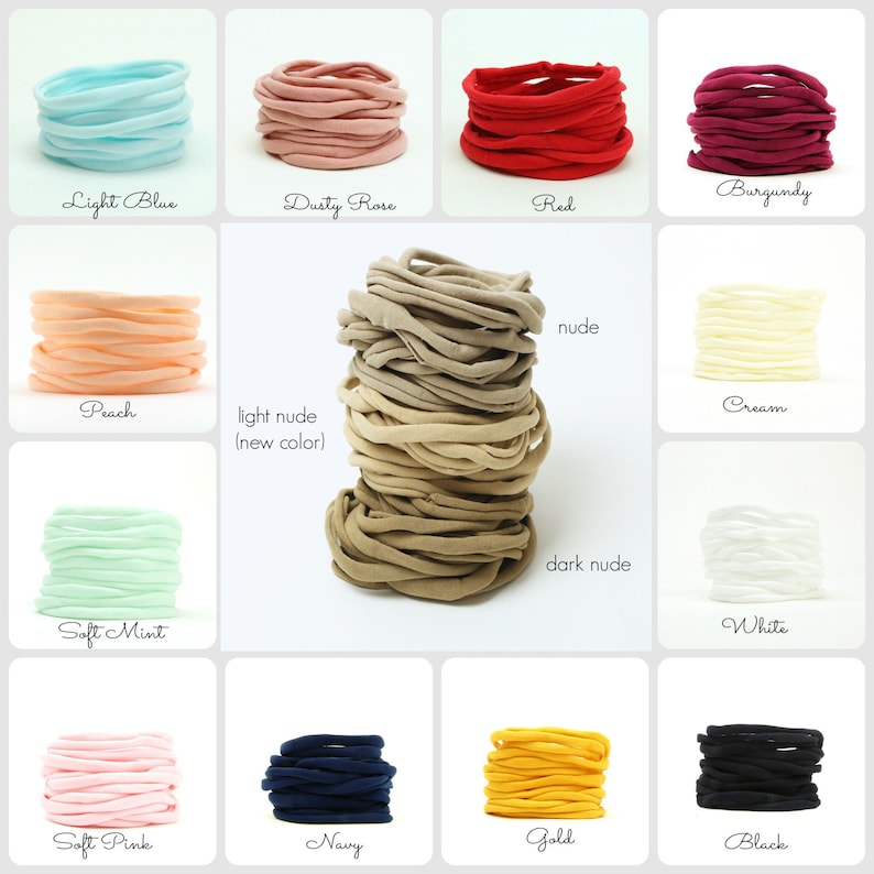 May include: Assortment of 14 colors of fabric hair ties, including light blue, dusty rose, red, burgundy, peach, light nude, soft mint, nude, cream, dark nude, white, soft pink, navy, gold, and black.