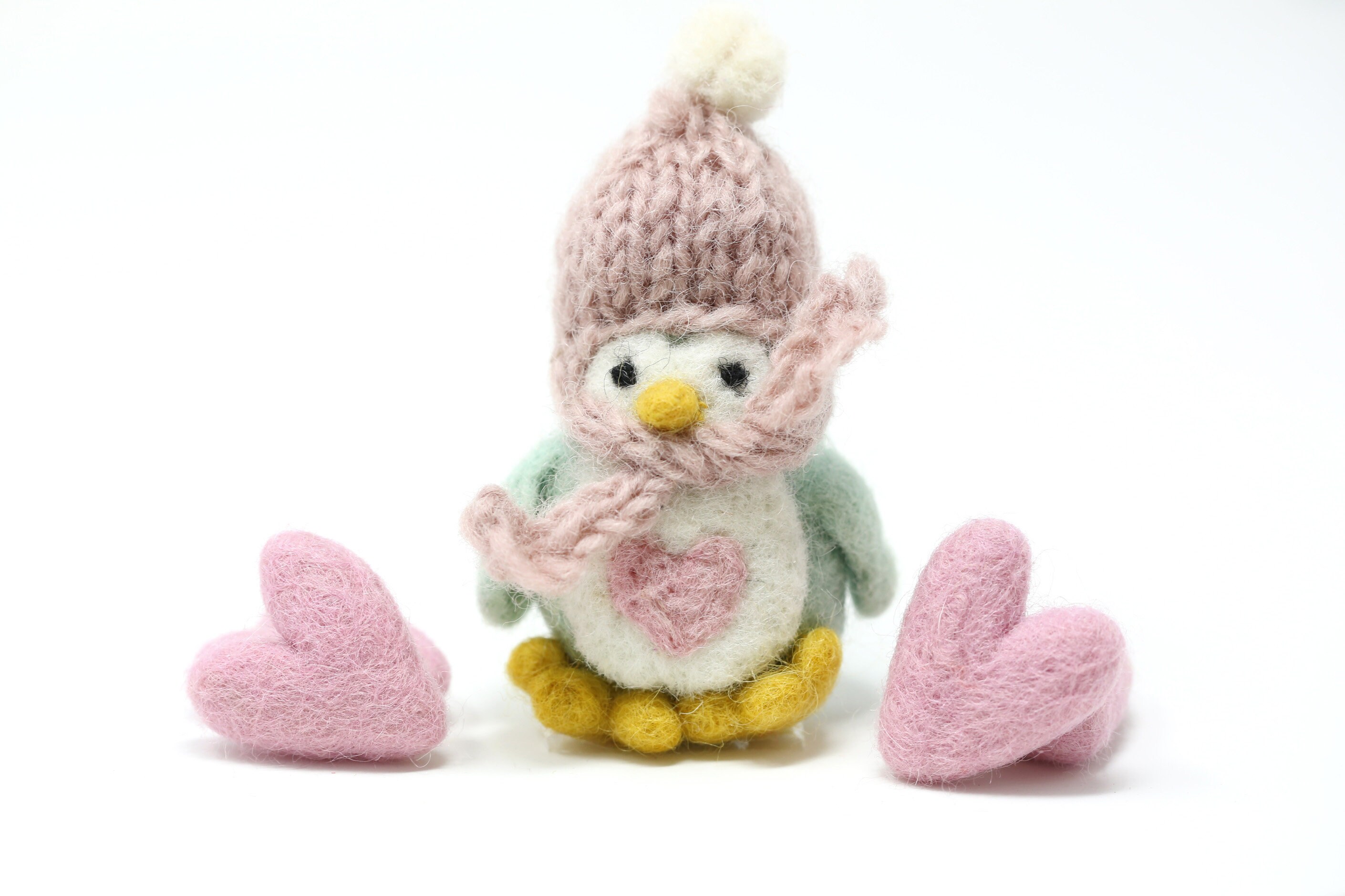 Knitted Hat Mint Felted Penguins 