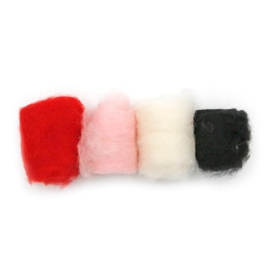 May include: Four small balls of wool yarn in red, pink, white, and black colors. The yarn is arranged in a row.