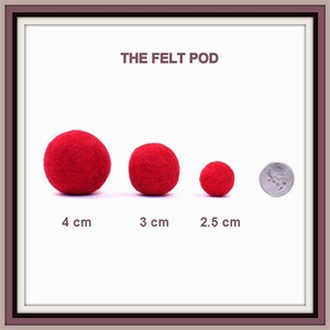 May include: Three red felt balls of different sizes, measuring 4 cm, 3 cm, and 2.5 cm in diameter. A US quarter is shown for scale.