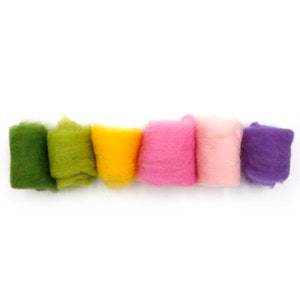 May include: Six small bundles of wool roving in various colors, including green, yellow, pink, and purple. The wool is arranged in a row on a white background.