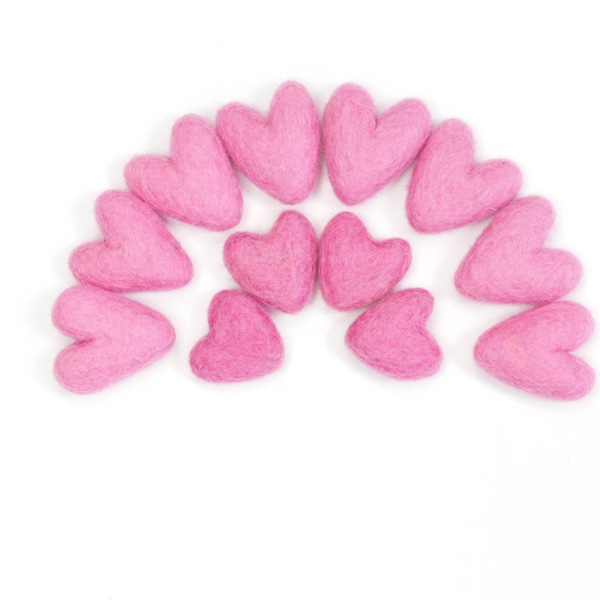 Felt Hearts -  3 to 4 cm - 10 count - Color BRILLIANT ROSE - Wool Felt Hearts