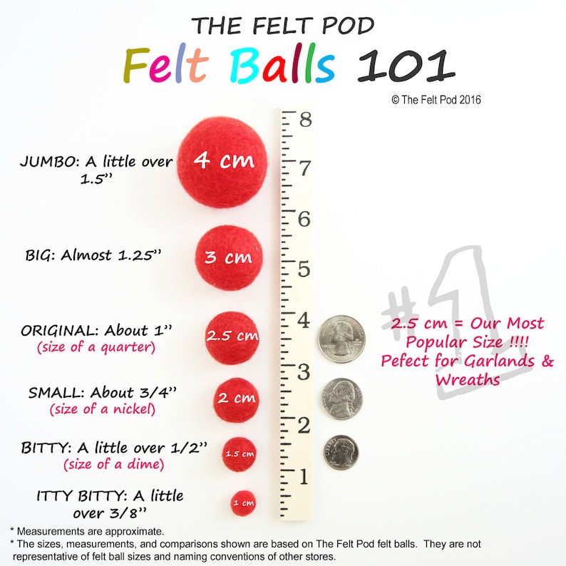 Felt Balls Rainbow Pack Sizes 1.0 cm, 1.5 cm, 2.0 cm, 2.5 cm, 3.0 cm, 4.0 cm Mix and Match or PICK your color image 4