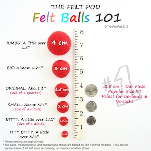 May include: A chart showing the different sizes of felt balls, measured in centimeters and inches. The chart includes a ruler, felt balls, and US coins for size comparison. The text reads "The Felt Pod Felt Balls 101" and "2.5 cm = Our Most Popular Size!!! Perfect for Garlands & Wreaths".