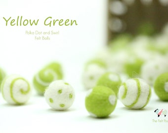 Wool Felt Balls //Polka Dot Felt Balls // Felt Ball Swirls // Yellow Green Swirl Felt Balls // Yellow Green Polka Dot Felt Balls