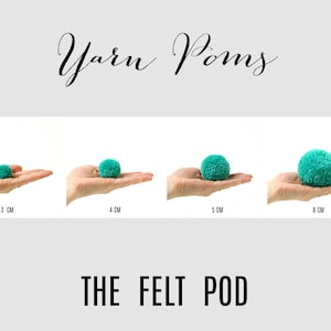 Pu&ograve; includere: Quattro pompon di lana color turchese di diverse dimensioni, 3 cm, 4 cm, 5 cm e 8 cm, sono mostrati sui palmi delle mani. Il testo "Yarn Pom-Poms" &egrave; in alto nell'immagine e "THE FELT POD" in basso.