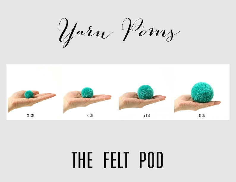 Pu&ograve; includere: Quattro pompon di lana color turchese di diverse dimensioni, 3 cm, 4 cm, 5 cm e 8 cm, sono mostrati sui palmi delle mani. Il testo "Yarn Pom-Poms" &egrave; in alto nell'immagine e "THE FELT POD" in basso.