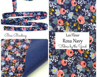 Rifle Paper Co Les Fleur Rosa Navy // Rifle Paper Compan Bias Binding // Bias Tape // Fabric Felt // Felt Backed Fabric // Cotton Fabric