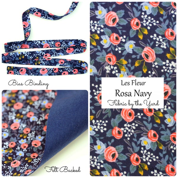 Cinta al bies Rifle Paper Co. Les Fleur Rosa Navy // Cinta al bies Rifle Paper Company // Fieltro de tela // Tela con reverso de fieltro // Tela de algodón