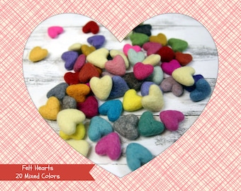 Felt Hearts -  3 to 4 cm - 20 count -Mixed Colors - Wool Felt Hearts Mixed Colors