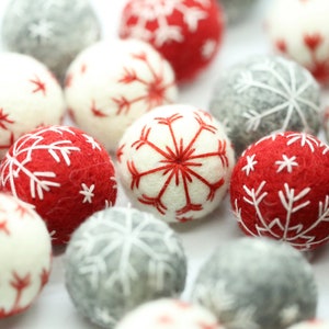 Felt Embroidered Snowflake Balls - Set of 5