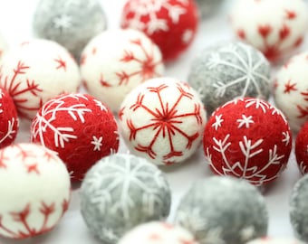 Felt Embroidered Snowflake Balls - Set of 5