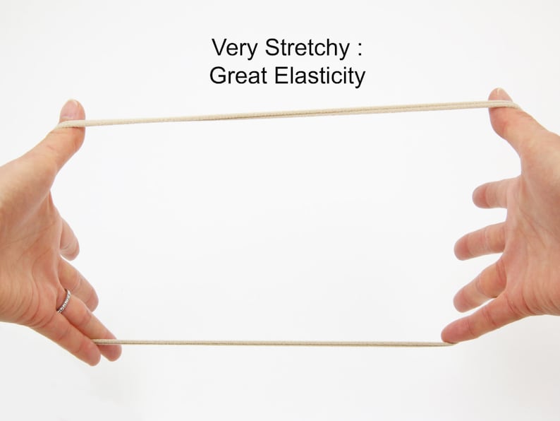 May include: A close-up of a beige elastic cord being stretched between two hands. The text "Very Stretchy: Great Elasticity" is written above the cord.
