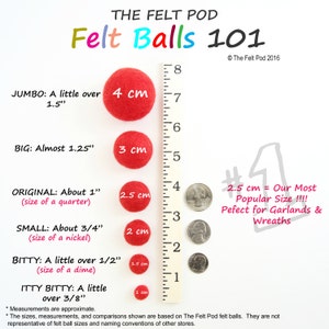 May include: A chart showing the different sizes of felt balls, measured in centimeters and inches. The chart includes a ruler, felt balls, and US coins for size comparison. The text reads "The Felt Pod Felt Balls 101" and "2.5 cm = Our Most Popular Size!!! Perfect for Garlands & Wreaths".